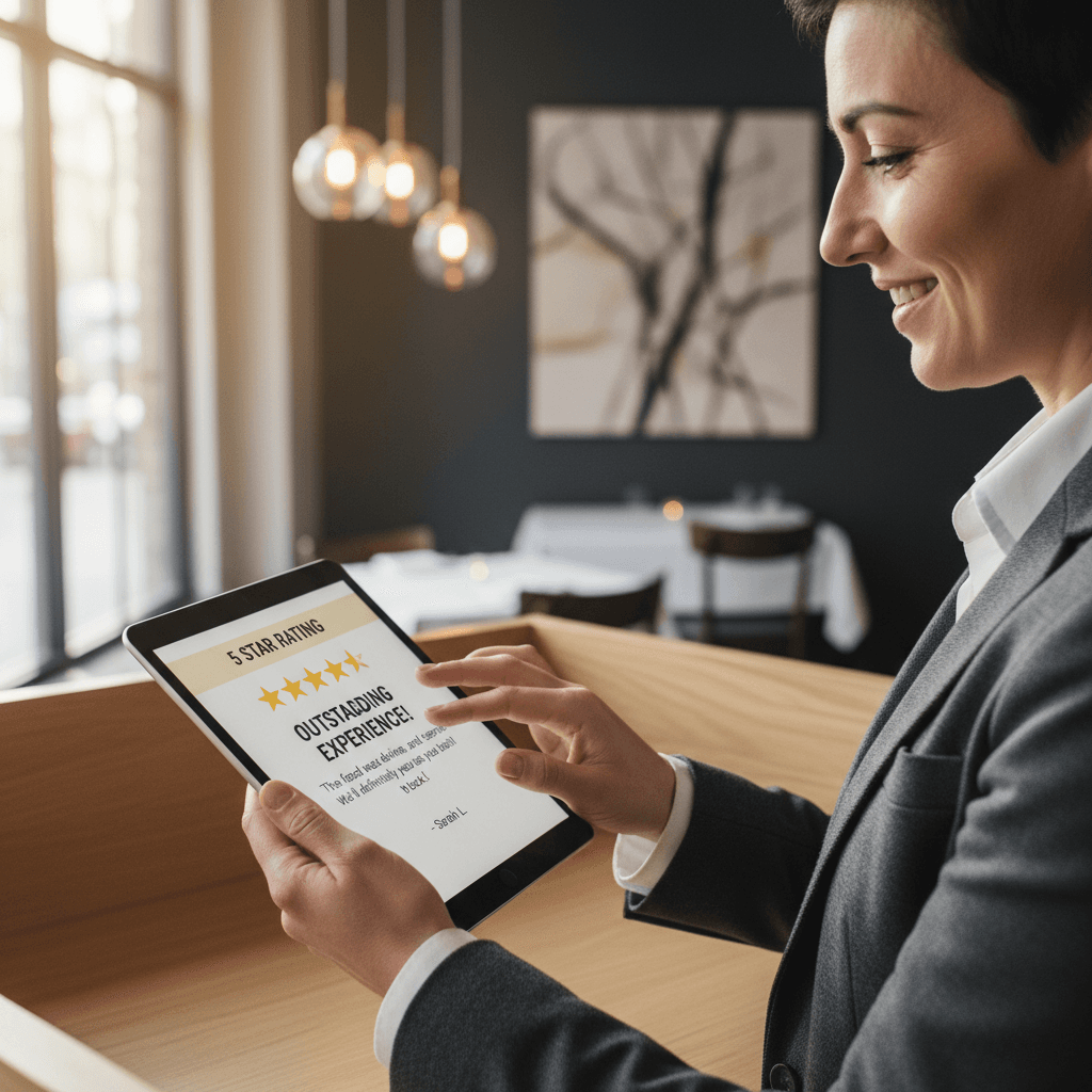 Retail manager reviewing feedback management system