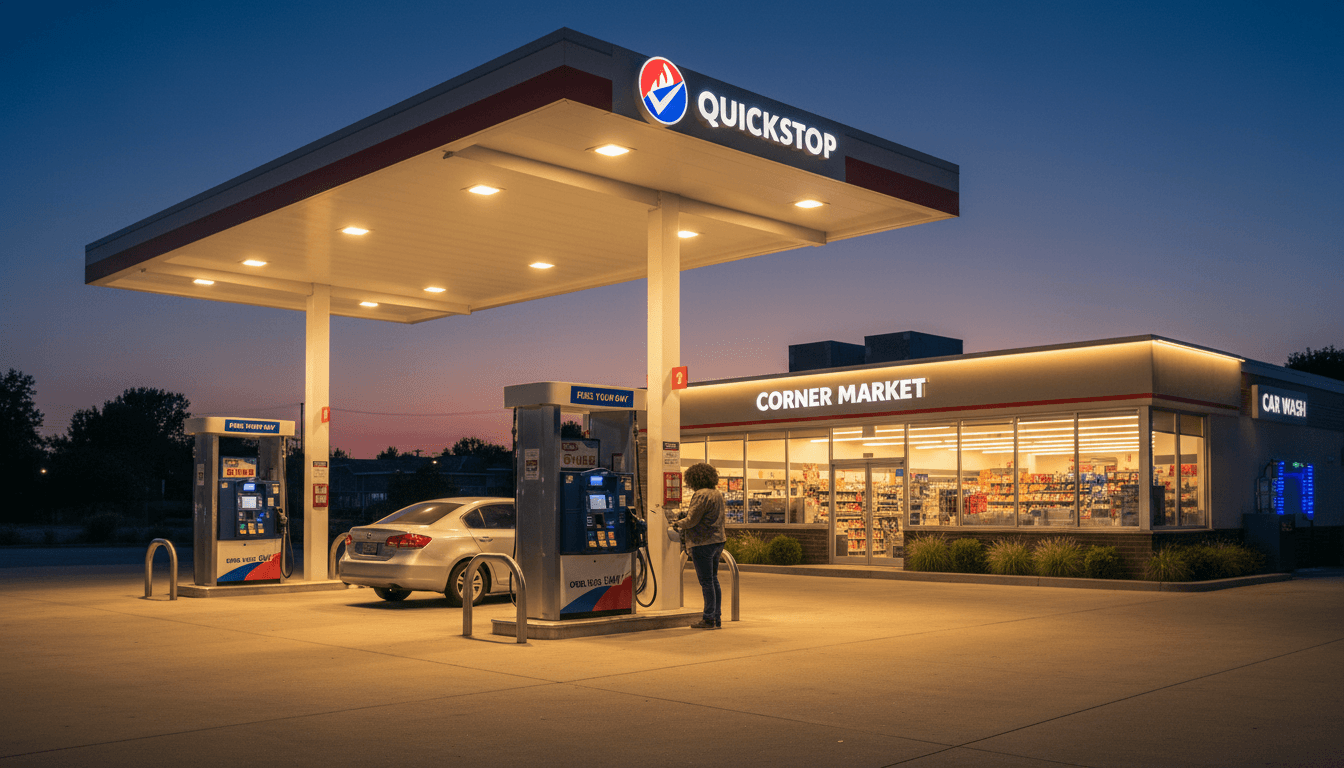 Brightly lit gas station pumps and convenience store storefront at dusk, customer refueling vehicle under illuminated canopy