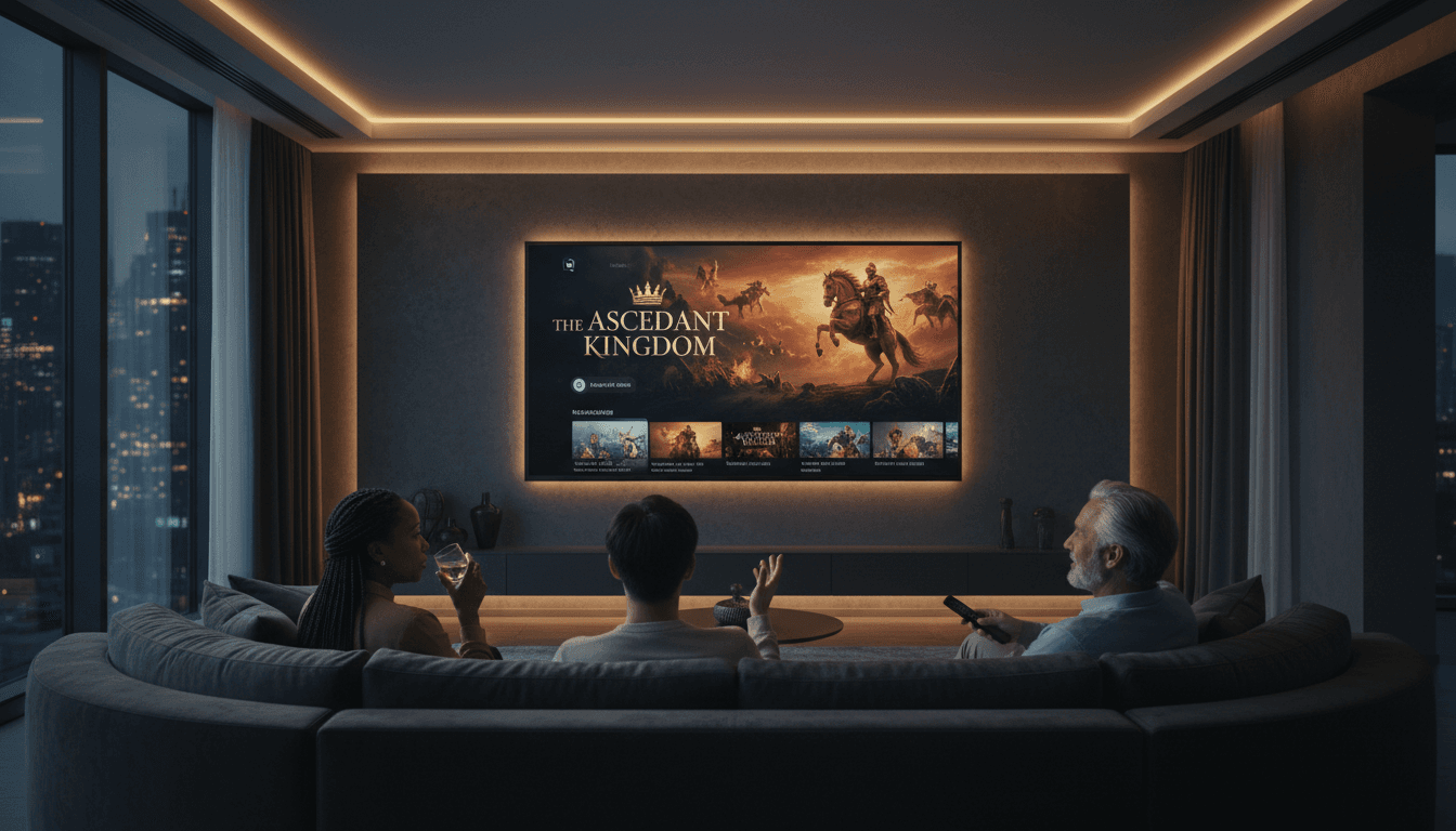 Family relaxing on sofa watching featured content on large smart TV with dark-themed streaming interface