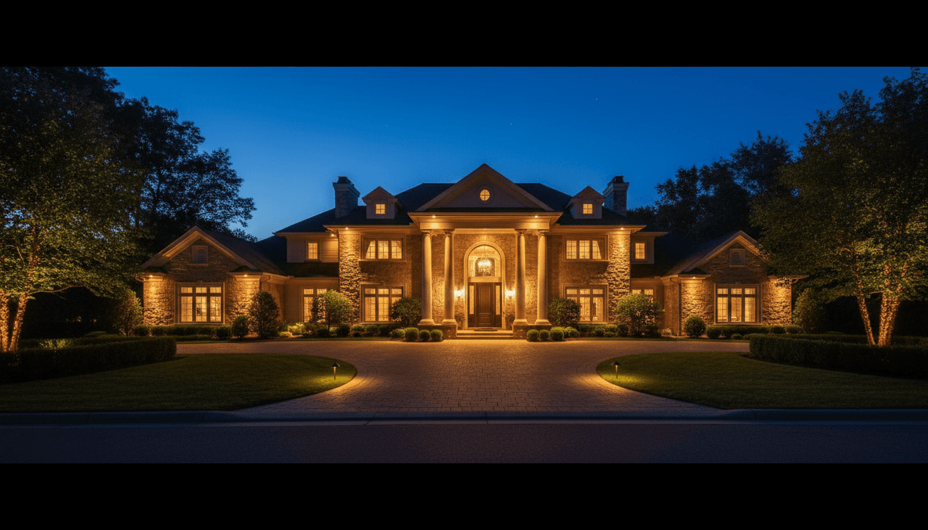 Elegant residential home facade illuminated at night with warm accent lighting highlighting columns and architectural details