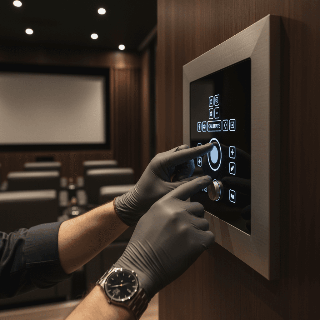 Technician's hands calibrating illuminated touch-screen control panel in luxury home theater room