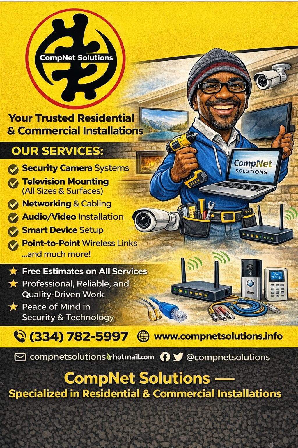 CompNet Solutions advertisement for technology installations featuring a smiling technician, security cameras, and networking equipment.