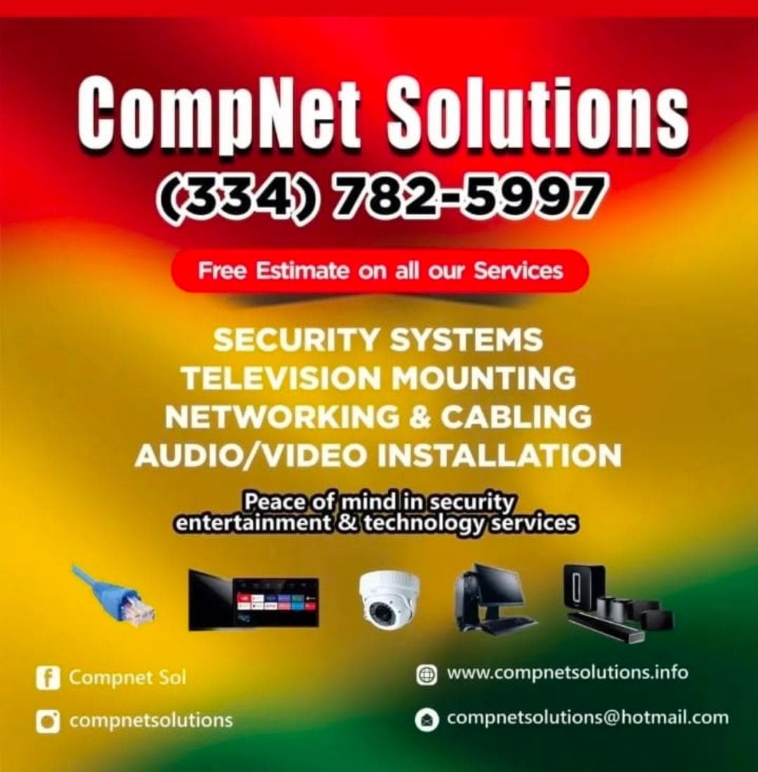 CompNet Solutions ad for security systems, TV mounting, networking, and audio/video installation with contact info.